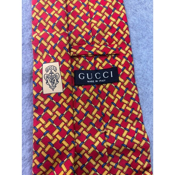 Gucci Tie Red And Gold Geometric Pattern Silk L:56” W:3.5” - Picture 6 of 8